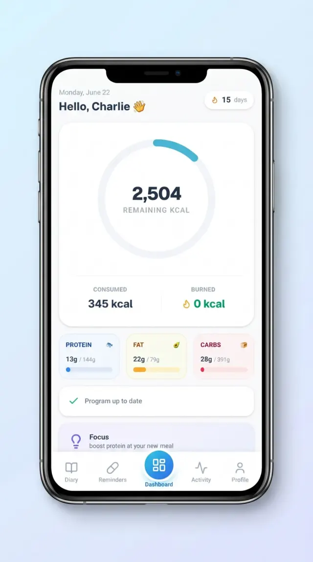 Daily dashboard with remaining calories and macro cards