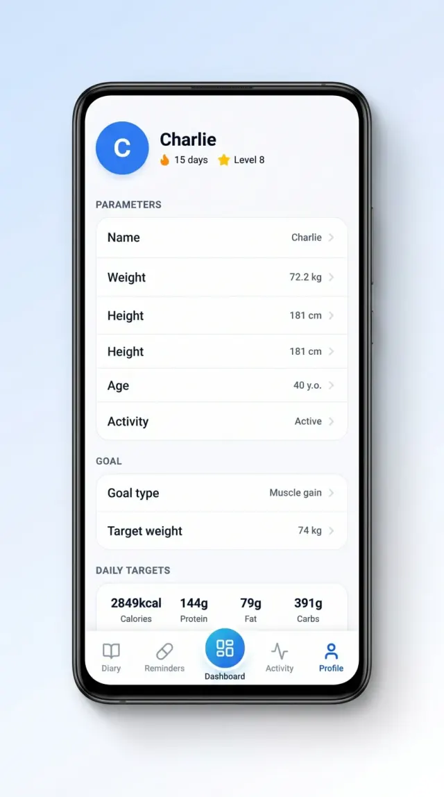 Profile with personal parameters, goal and daily targets